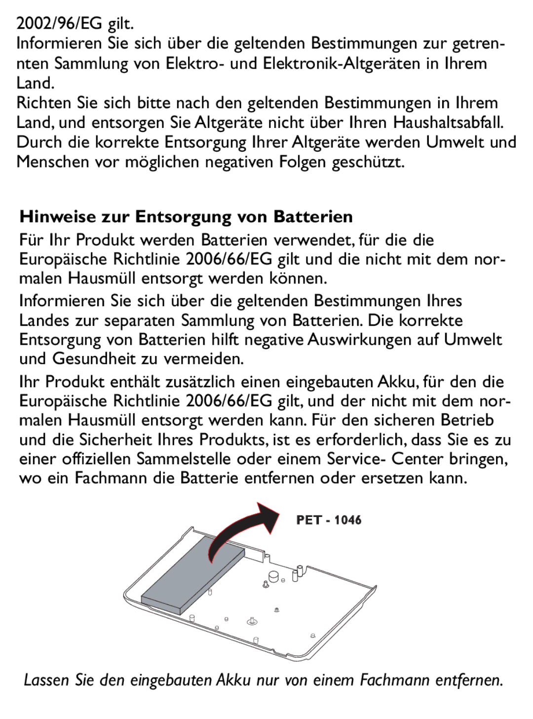 Philips PET1046 manual Hinweise zur Entsorgung von Batterien 