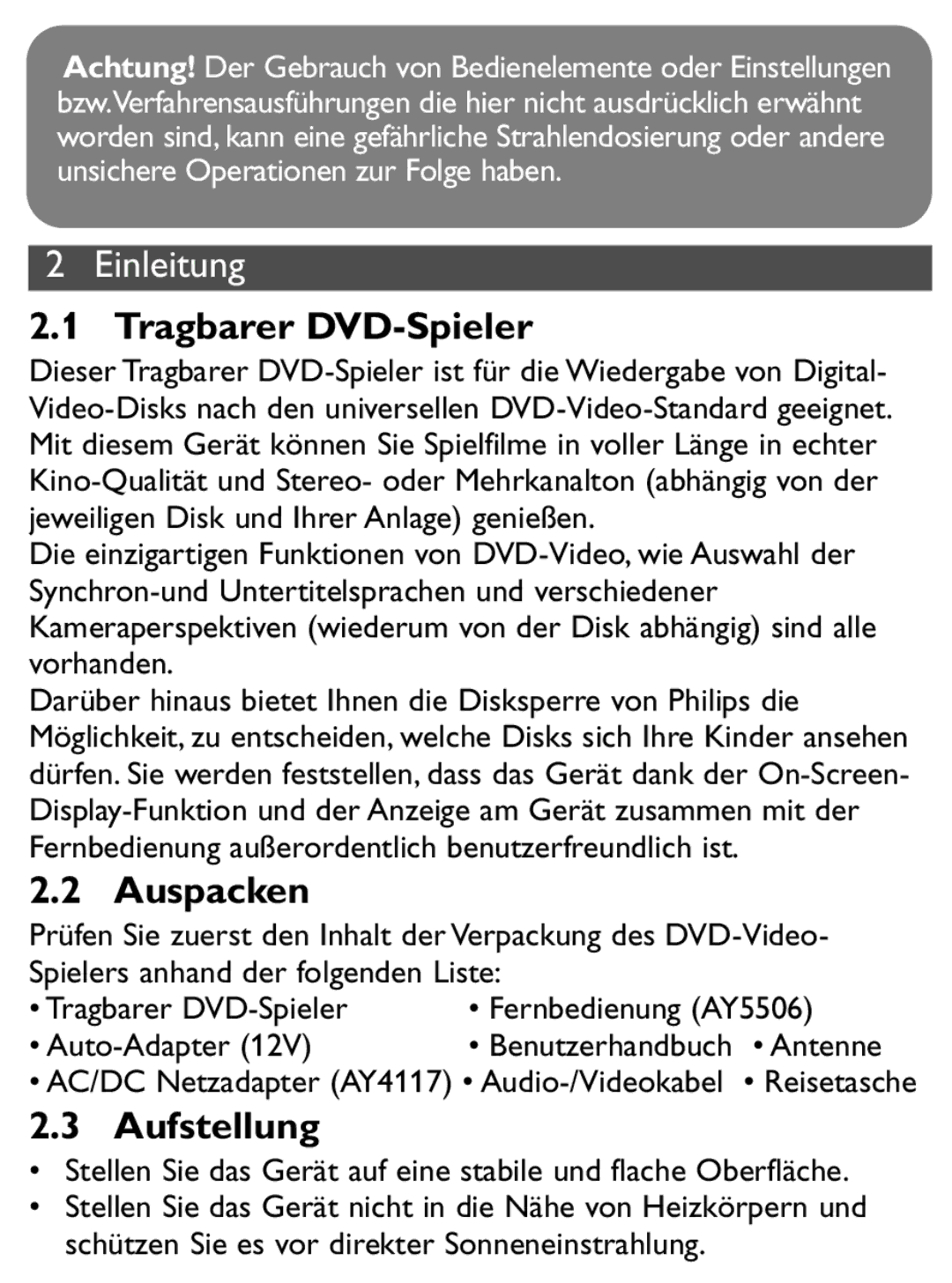 Philips PET1046 manual Tragbarer DVD-Spieler, Auspacken, Aufstellung 