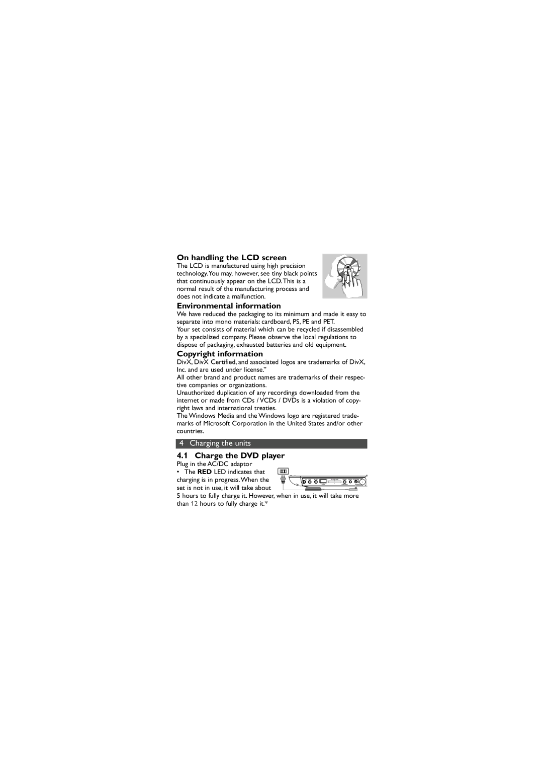 Philips PET1046/12 user manual On handling the LCD screen, Environmental information, Copyright information 