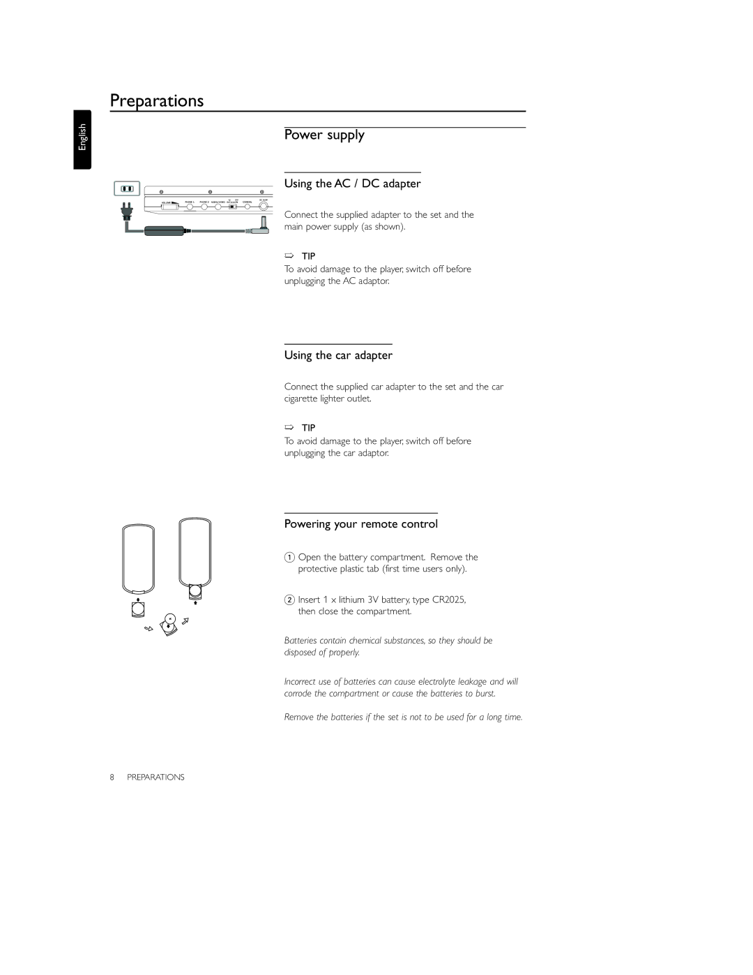 Philips PET700 Preparations, Power supply, Using the AC / DC adapter, Using the car adapter, Powering your remote control 