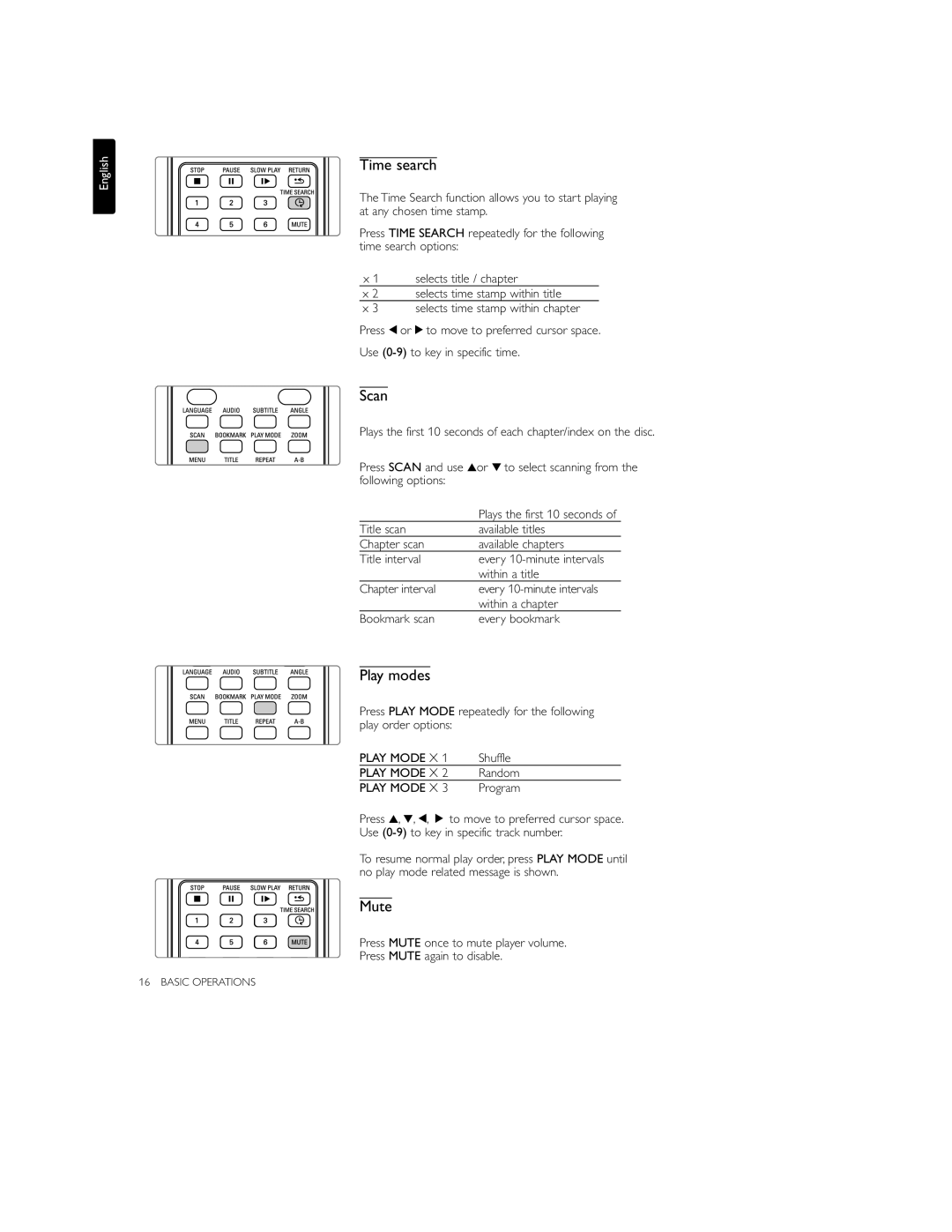 Philips PET700 user manual Time search, Scan, Play modes, Mute 