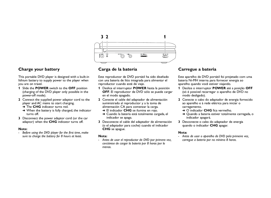 Philips PET702/12 manual Charge your battery Carga de la batería Carregue a bateria, Nota 