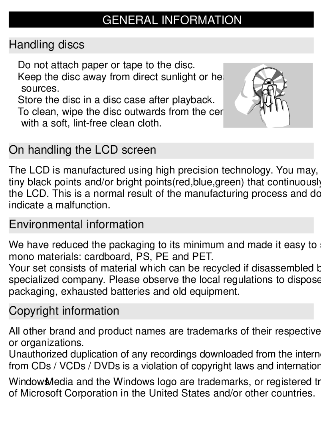 Philips PET707 user manual Handling discs, On handling the LCD screen, Environmental information, Copyright information 