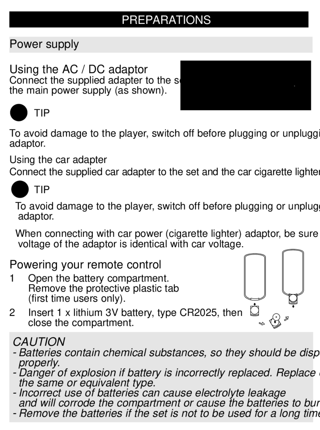 Philips PET707 user manual Preparations, Power supply Using the AC / DC adaptor, Powering your remote control 