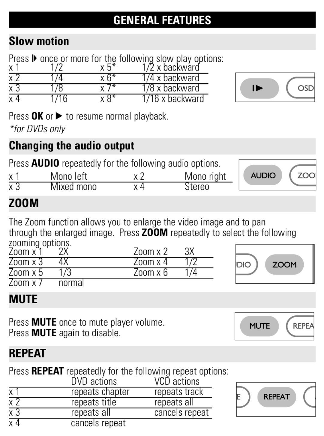 Philips PET707 user manual Slow motion, Changing the audio output 