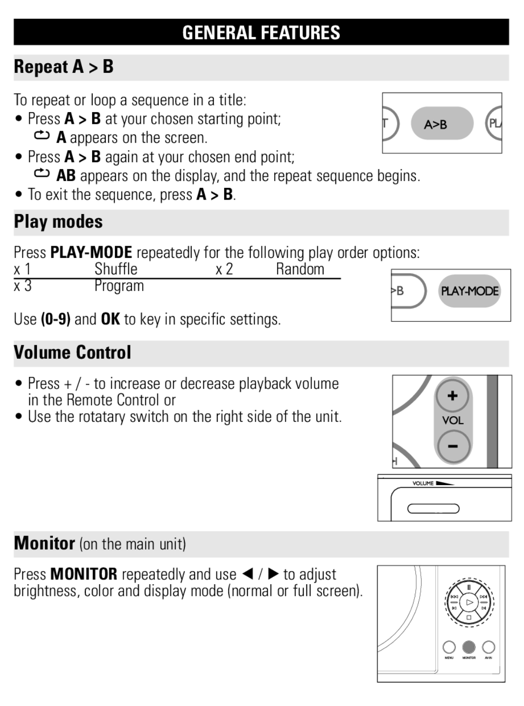 Philips PET707 user manual Repeat a B, Play modes, Volume Control, Program Use 0-9and OK to key in specific settings 