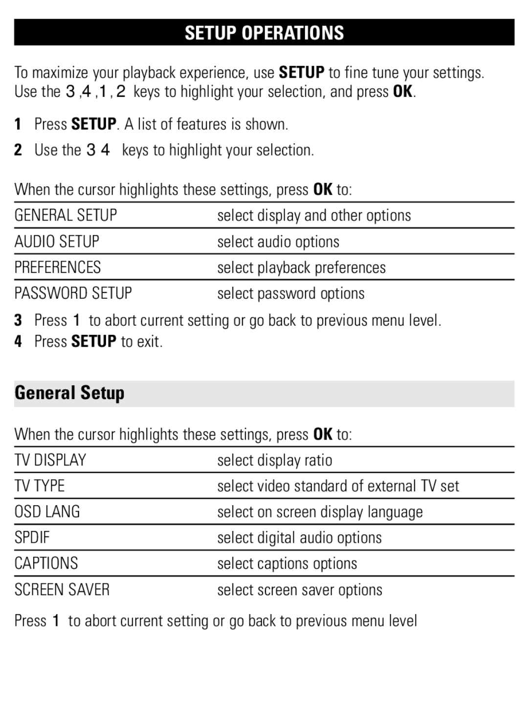 Philips PET707 user manual Setup Operations, General Setup 