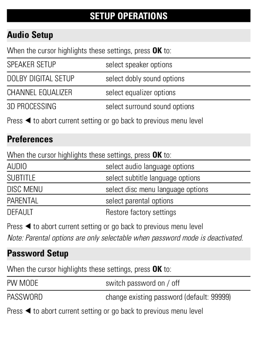 Philips PET707 user manual Audio Setup, Preferences, Password Setup 