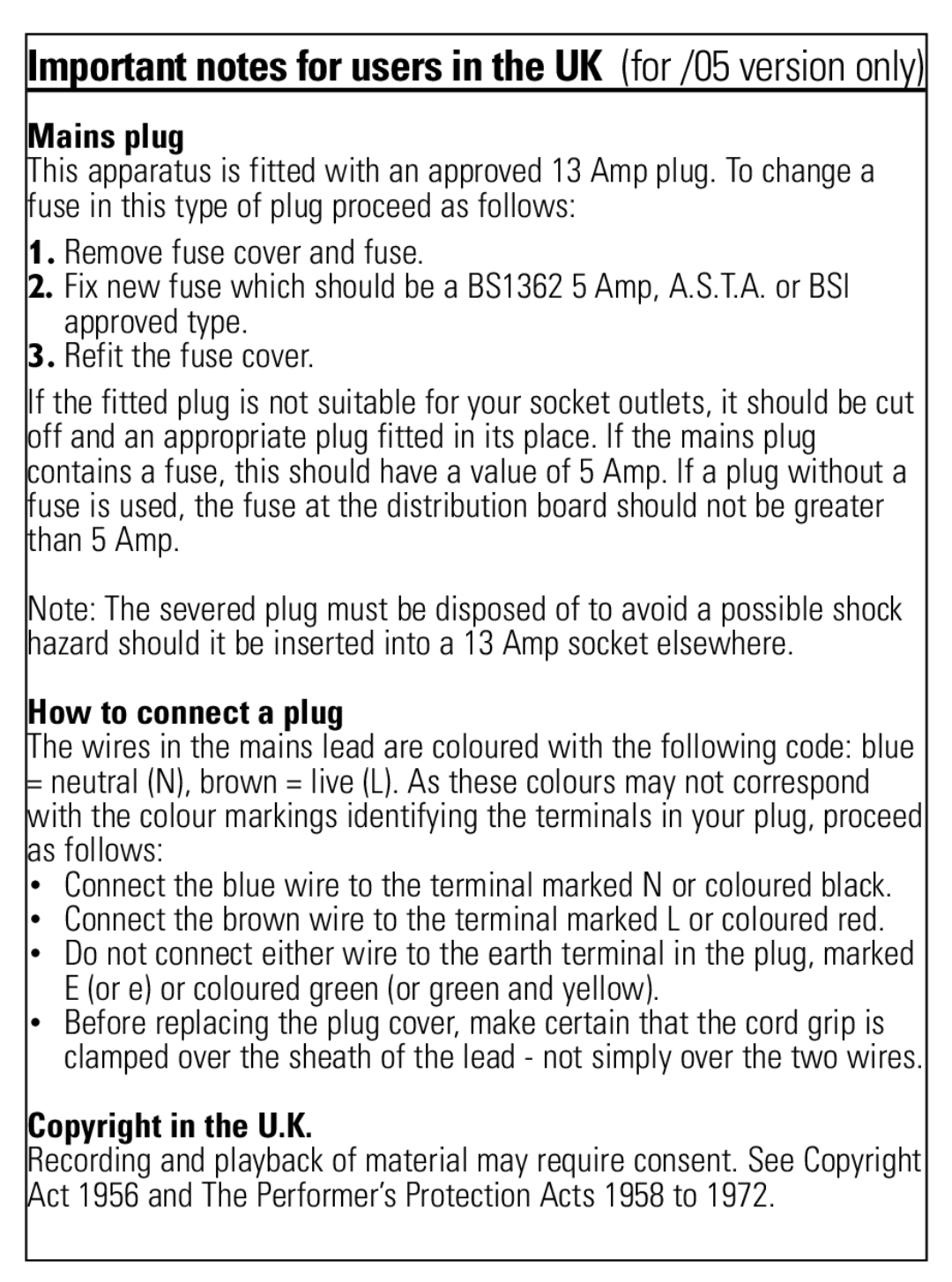 Philips PET707 user manual Mains plug, How to connect a plug, Copyright in the U.K 