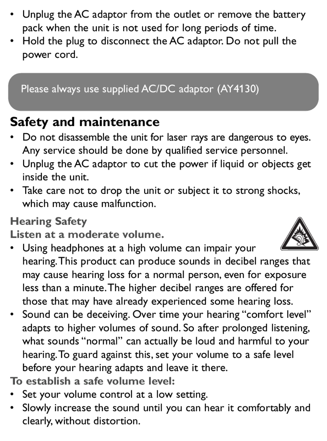 Philips PET707 user manual Safety and maintenance, Hearing Safety Listen at a moderate volume 