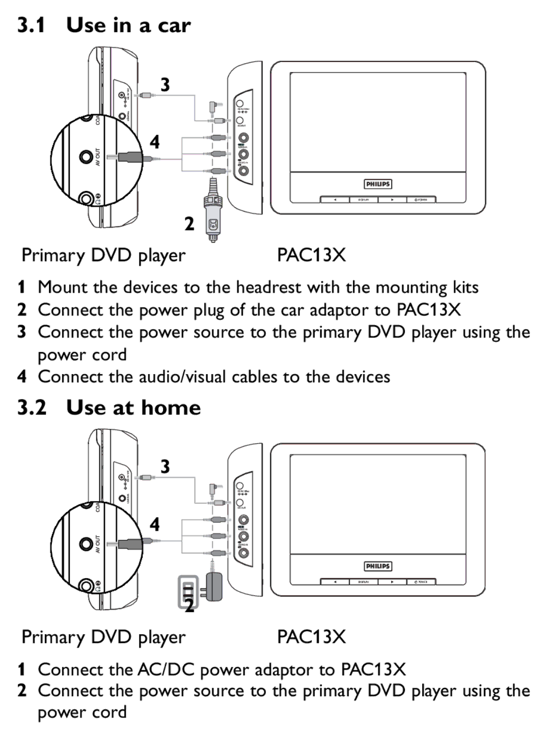 Philips PET707 user manual Use in a car, Use at home, Connect the power source to the primary DVD player using 