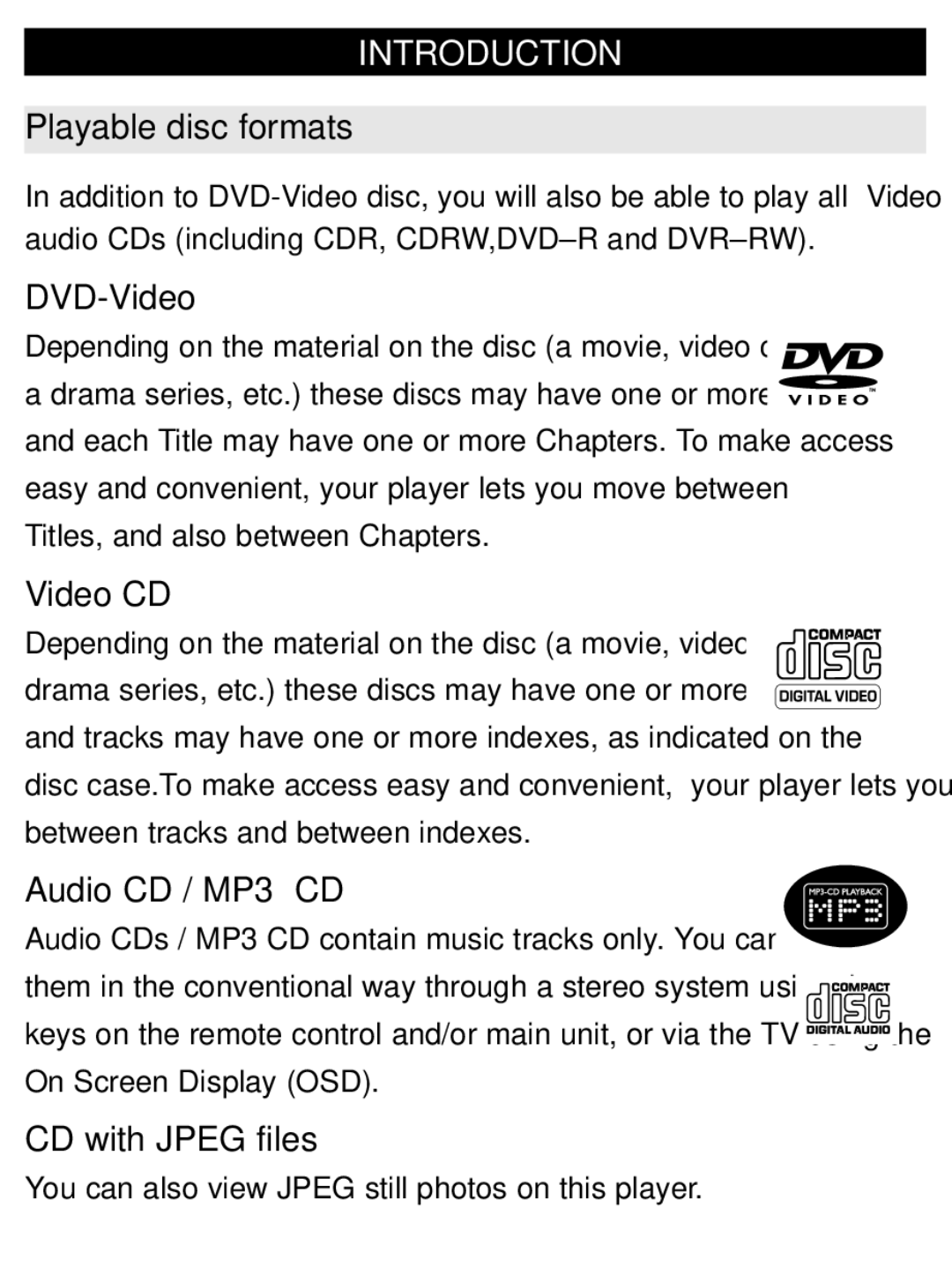 Philips PET707 user manual Playable disc formats, DVD-Video, Video CD, Audio CD / MP3 CD, CD with Jpeg files 