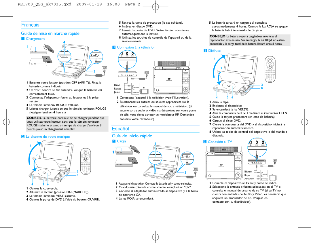 Philips PET708/58 quick start Français Guide de mise en marche rapide, Español Guía de inicio rápido 