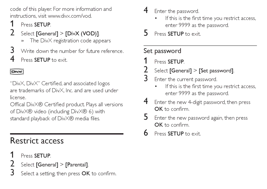 Philips PET712/05, PET712/12 manual Restrict access, Set password 