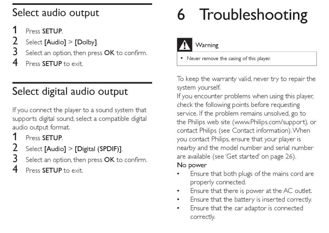 Philips PET712/05, PET712/12 manual Troubleshooting, Select audio output, Select digital audio output 