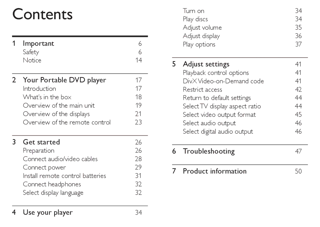 Philips PET712/12, PET712/05 manual Contents 