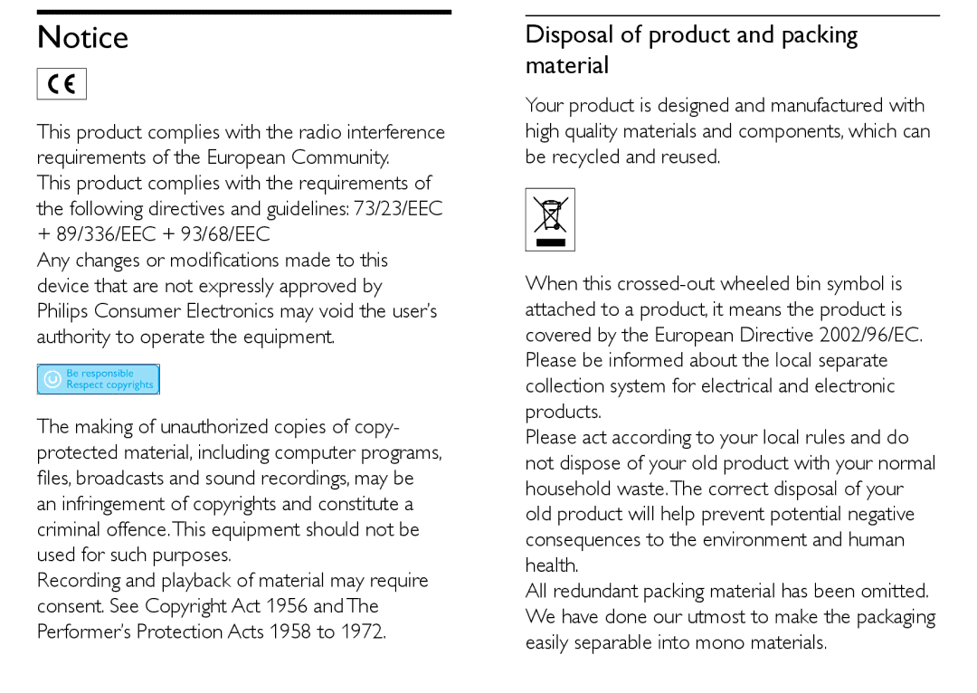 Philips PET712/05, PET712/12 manual Disposal of product and packing material 