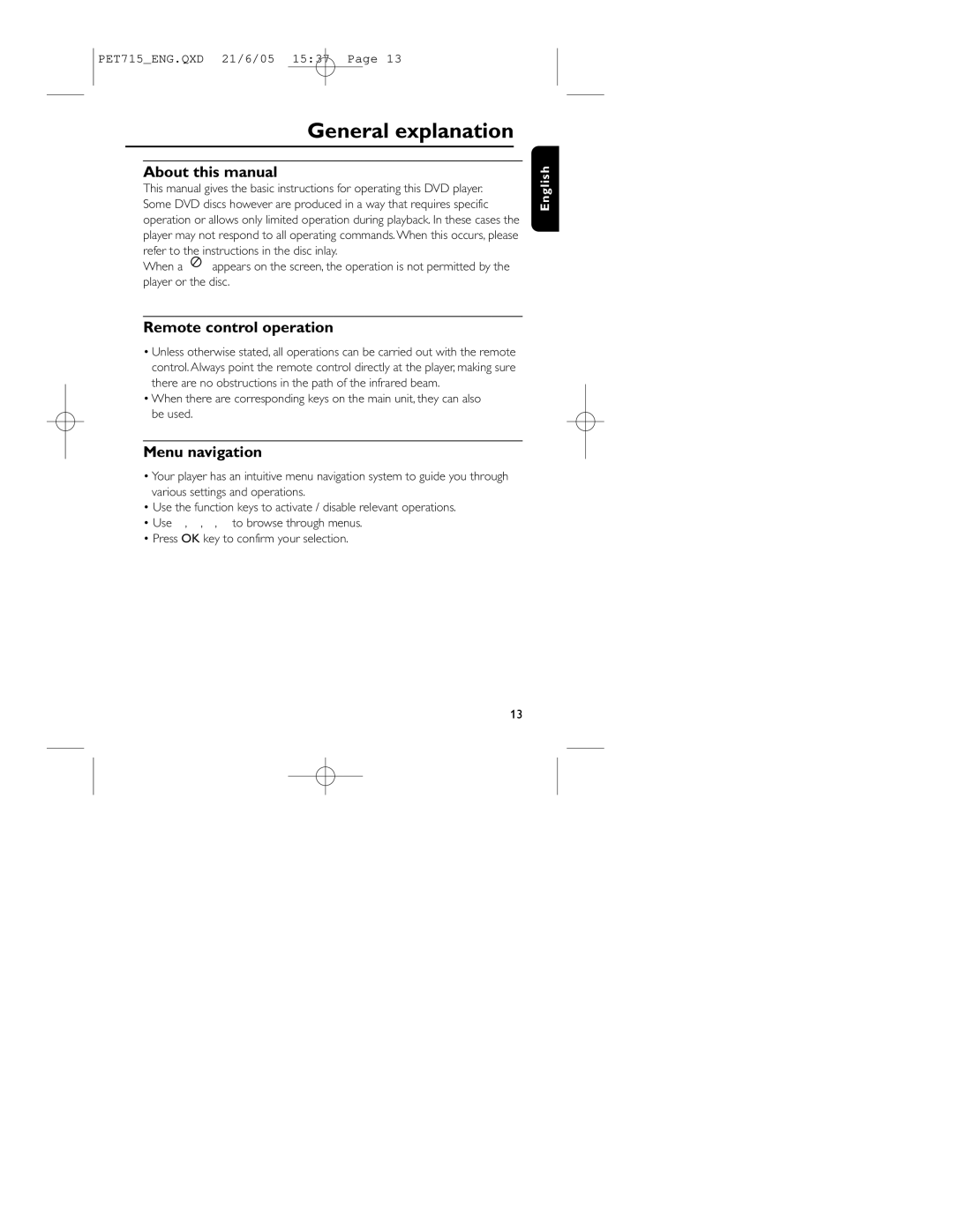 Philips PET715 user manual General explanation, About this manual, Remote control operation, Menu navigation 