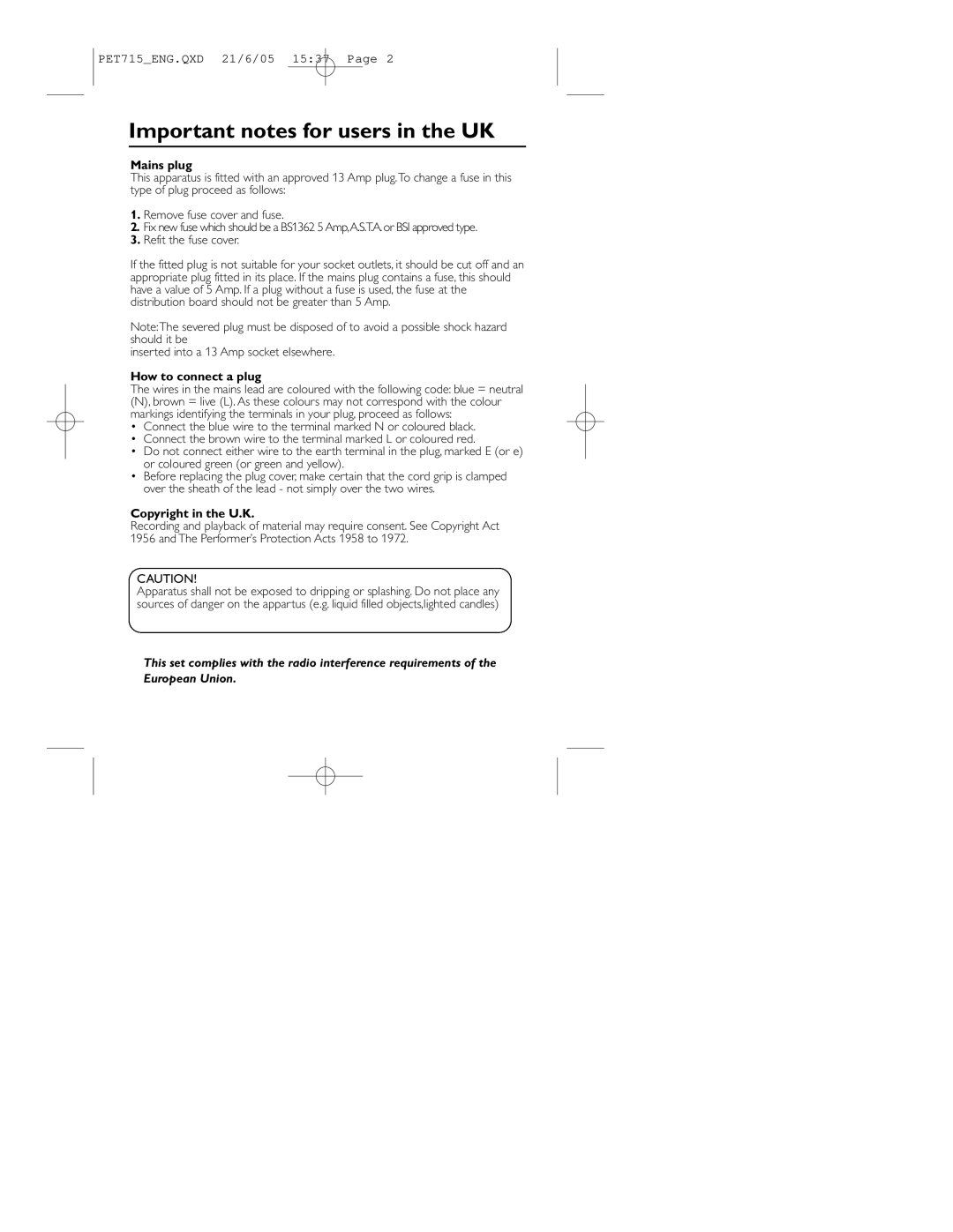 Philips PET715 user manual Important notes for users in the UK, Mains plug, How to connect a plug, Copyright in the U.K 