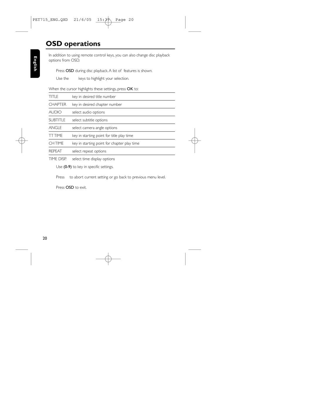 Philips PET715 user manual OSD operations 