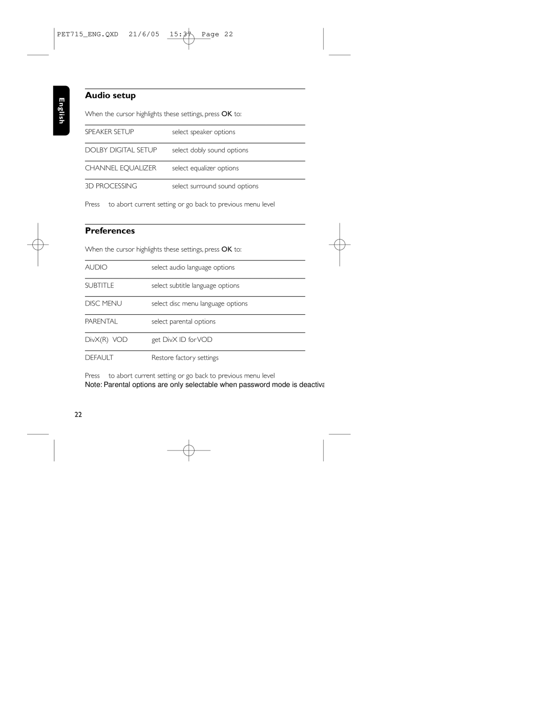 Philips PET715 user manual Audio setup, Preferences 