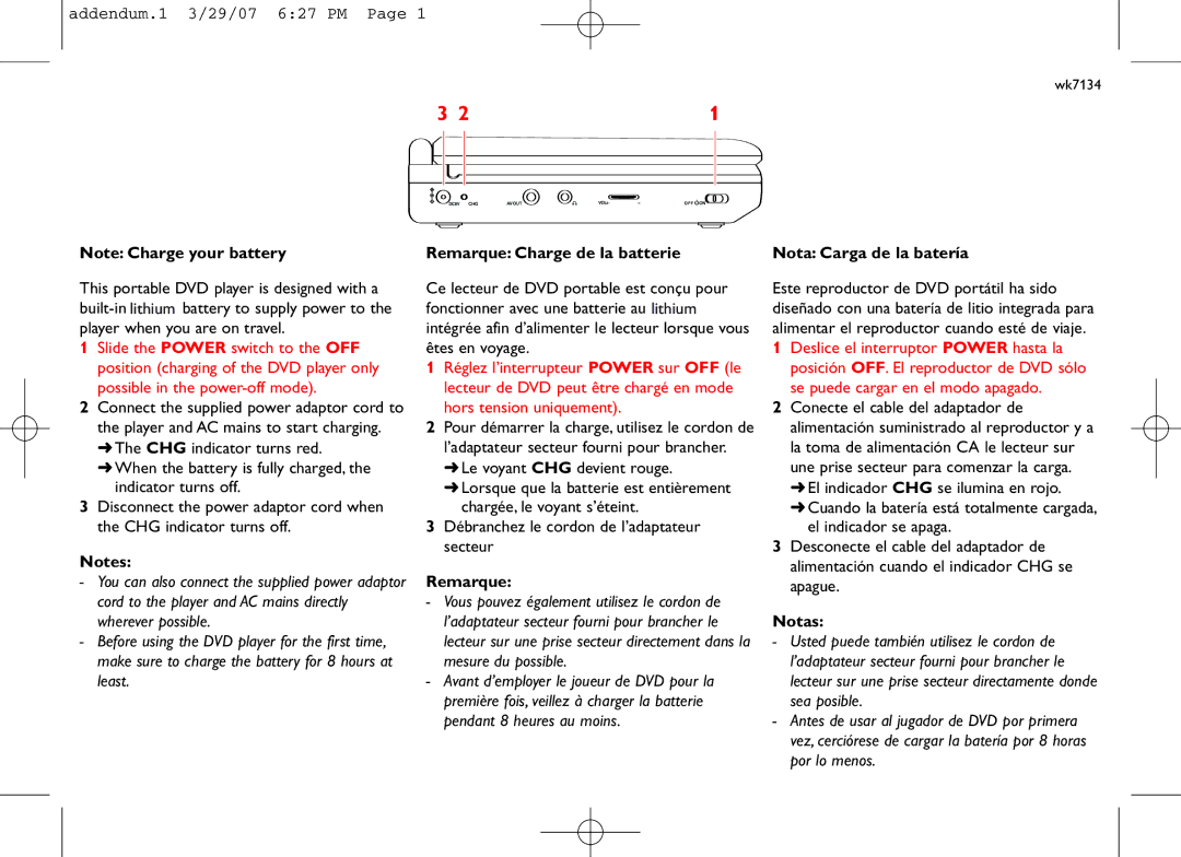 Philips PET716/05 manual Addendum.1 3/29/07 627 PM, Remarque Charge de la batterie, Nota Carga de la batería, Notas 