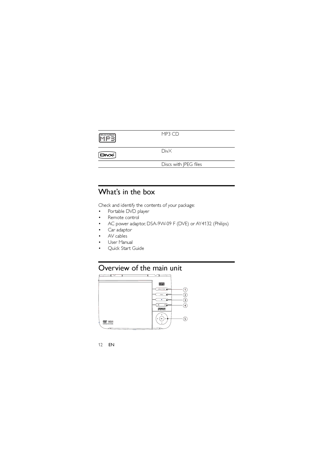 Philips PET716/12 user manual What’s in the box, Overview of the main unit 