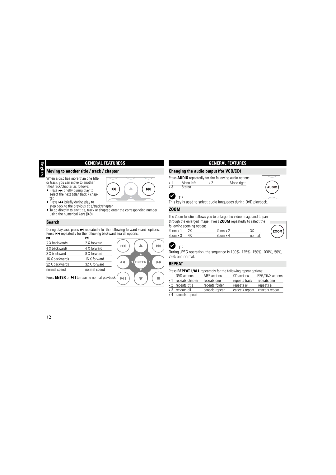 Philips PET100/67, PET716S user manual General Featuress, Moving to another title / track / chapter, Search 