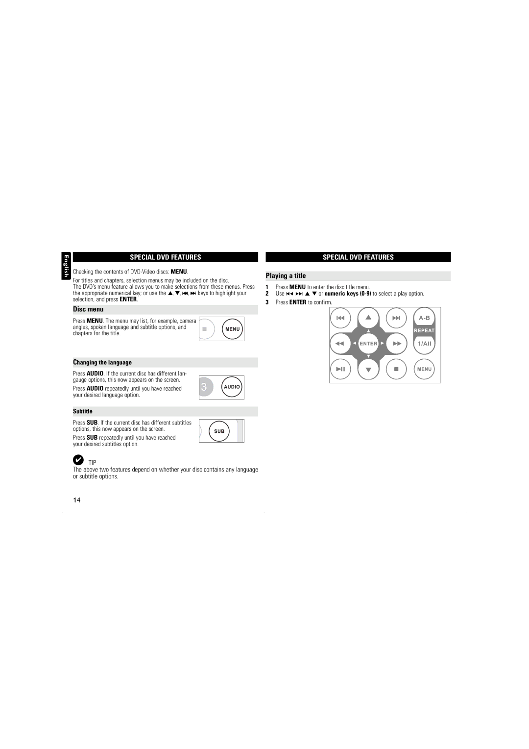 Philips PET100/67, PET716S user manual Disc menu, Special DVD Features, Playing a title, Changing the language, Subtitle 