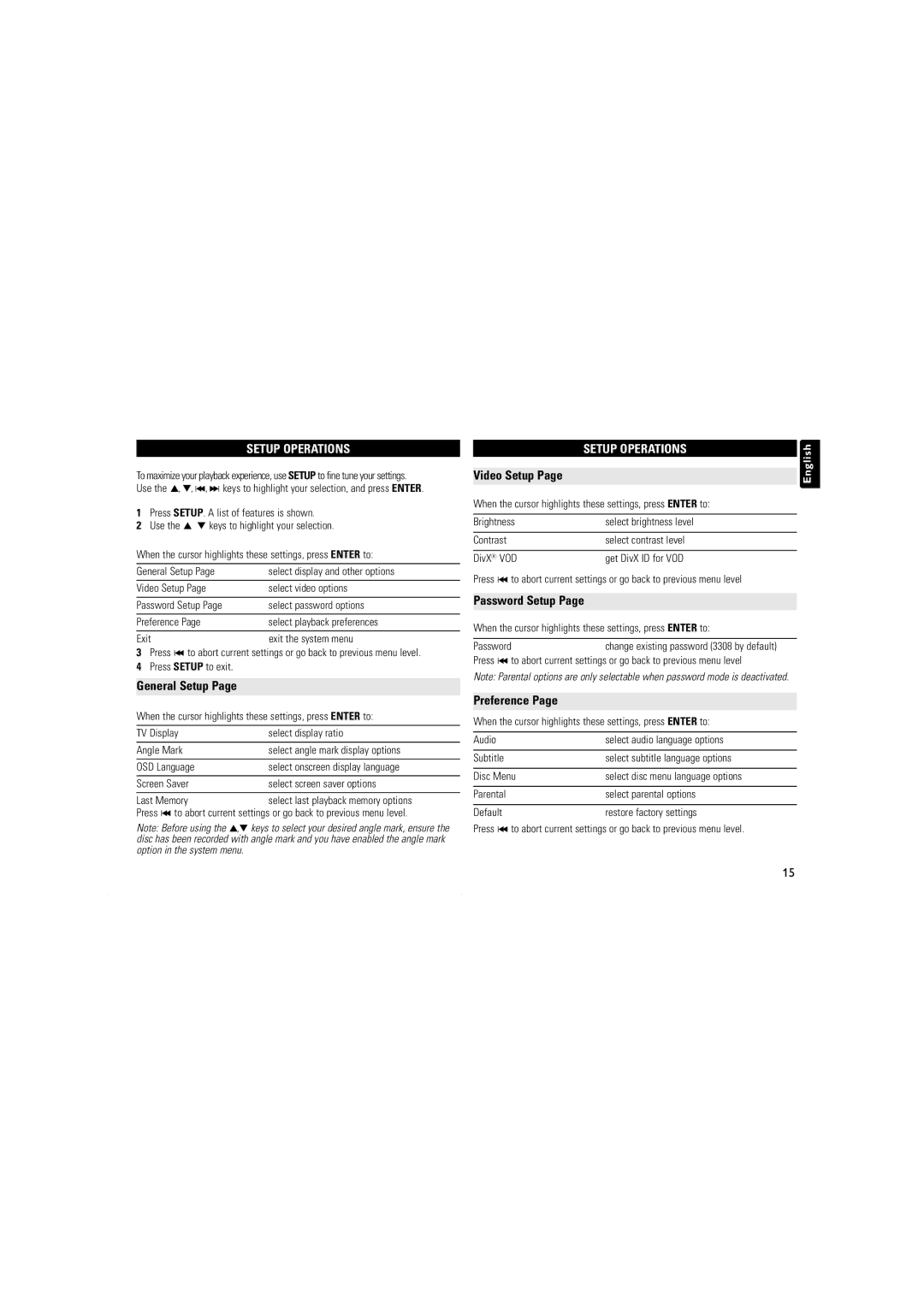 Philips PET716S, PET100/67 user manual Setup Operations, General Setup, Password Setup, Preference 