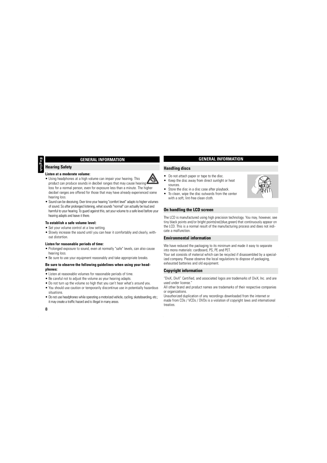 Philips PET100/67, PET716S user manual Hearing Safety, Handling discs, On handling the LCD screen, Environmental information 