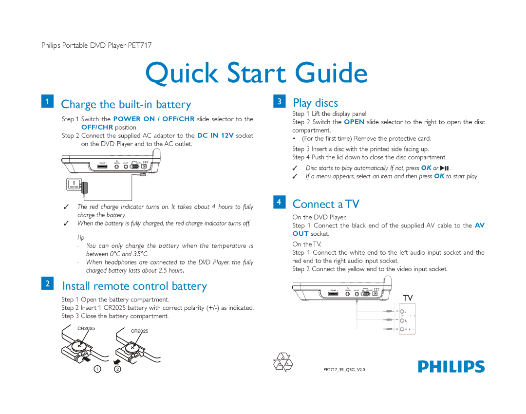 Philips PET717/93 quick start Quick Start Guide, Charge the built-in battery, Play discs, Connect aTV 