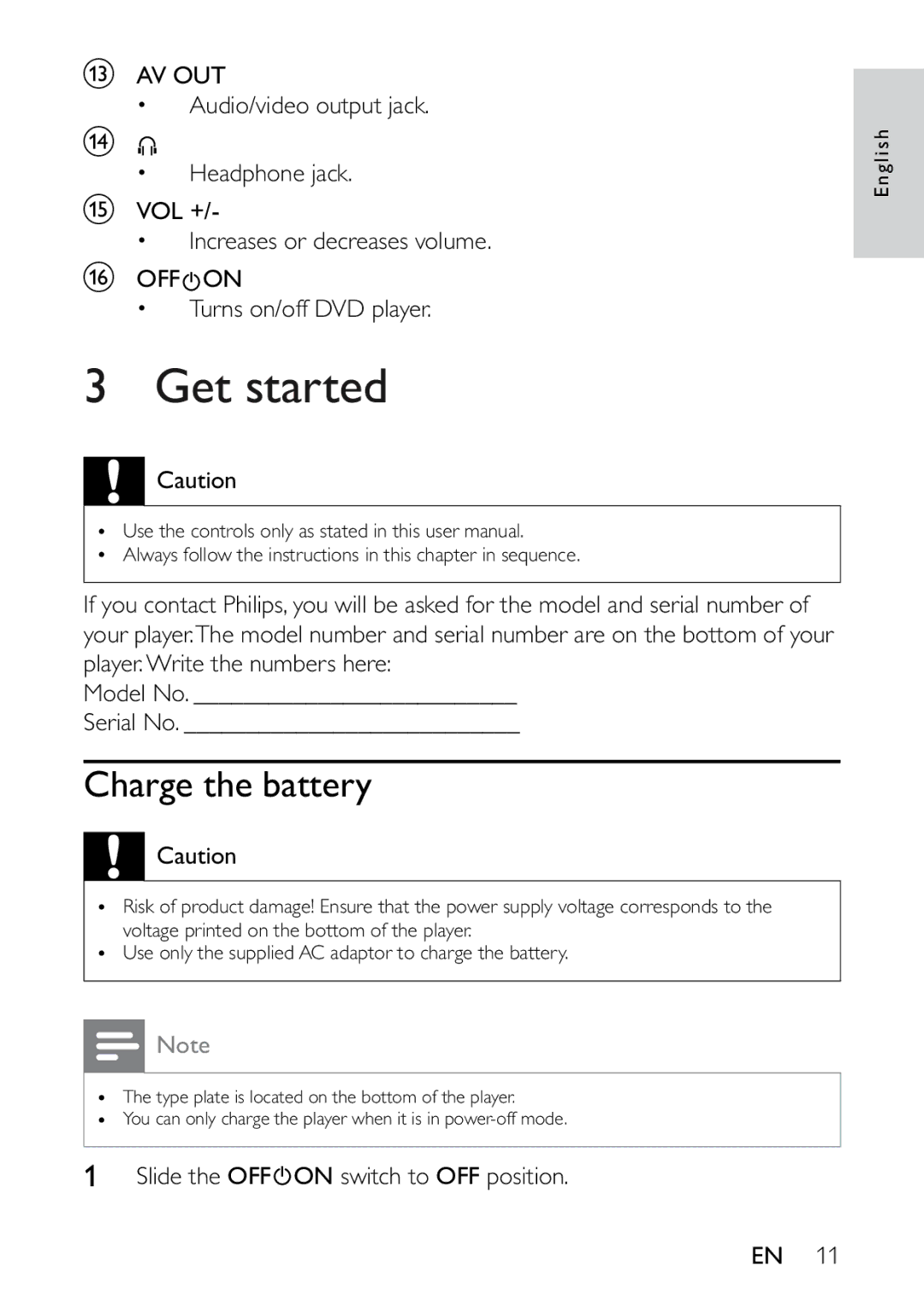 Philips PET721C/12 user manual Get started, Charge the battery 