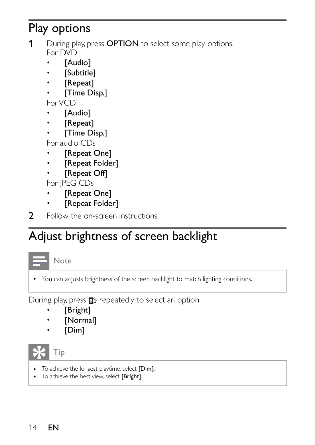 Philips PET721C/12 user manual Play options, Adjust brightness of screen backlight 