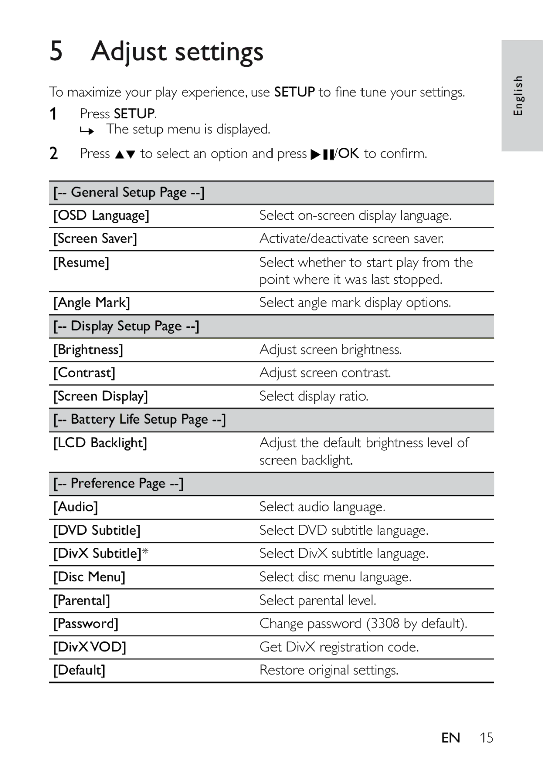 Philips PET721C/12 user manual Adjust settings 