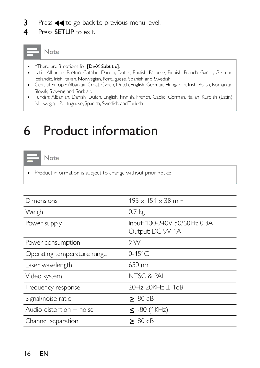 Philips PET721C/12 user manual Product information, Press to go back to previous menu level Press Setup to exit 