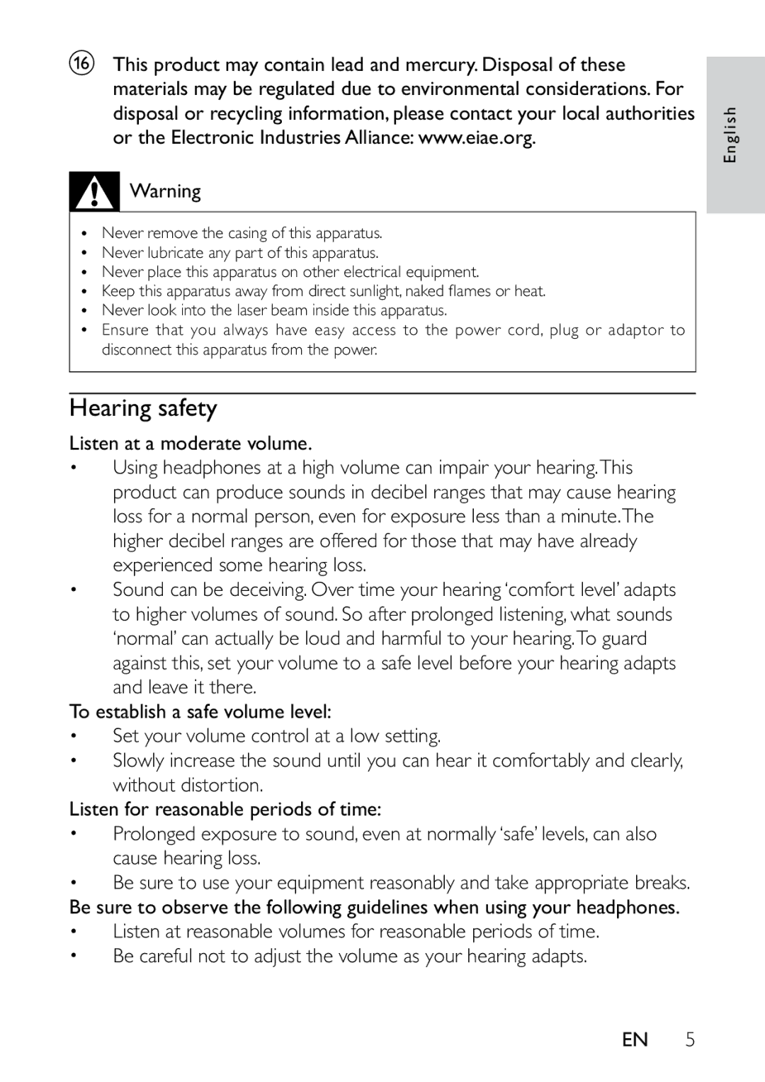 Philips PET721C/12 user manual Hearing safety 