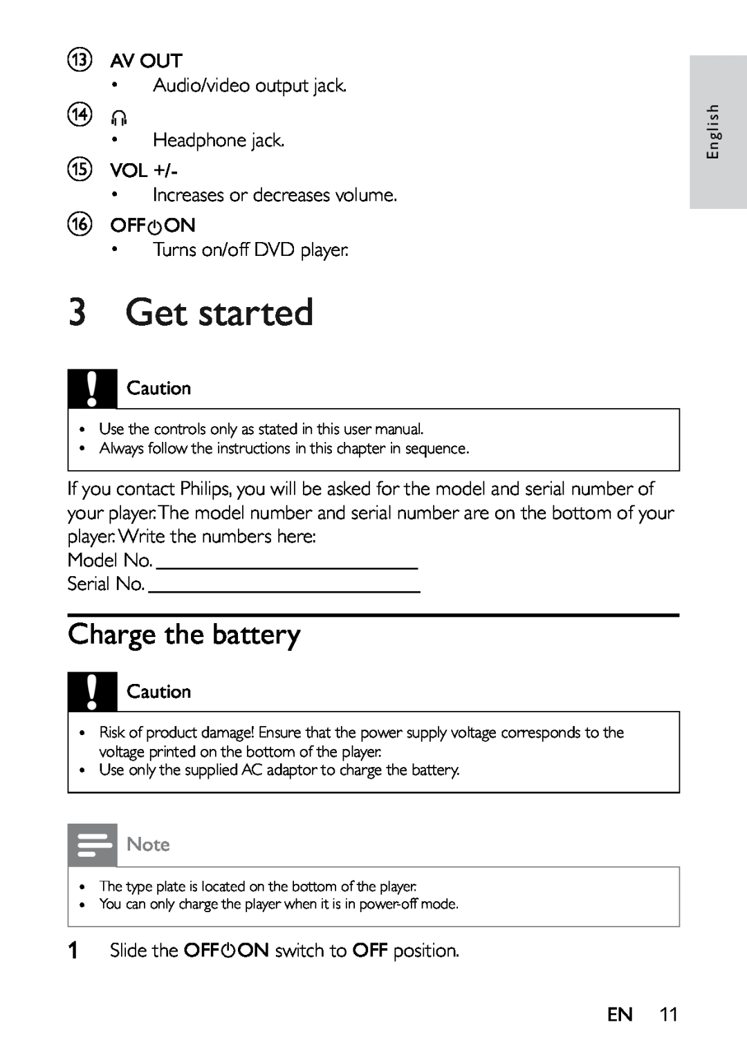 Philips PET721C/12 user manual Get started, Charge the battery 