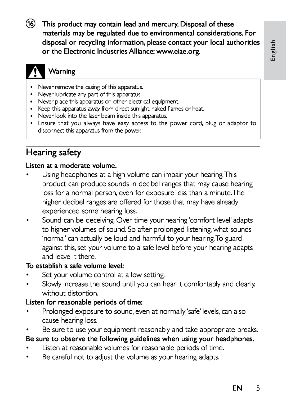 Philips PET721C/12 user manual Hearing safety 
