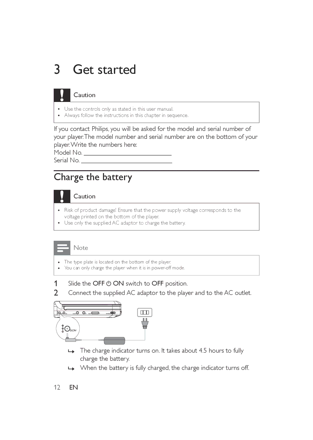 Philips PET721S/05, PET721D/05, PET721C/05 user manual Get started, Charge the battery 