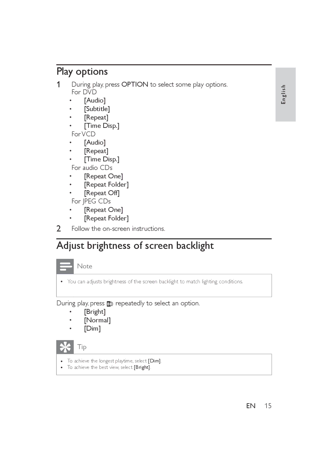 Philips PET721S/05, PET721D/05, PET721C/05 user manual Play options, Adjust brightness of screen backlight 