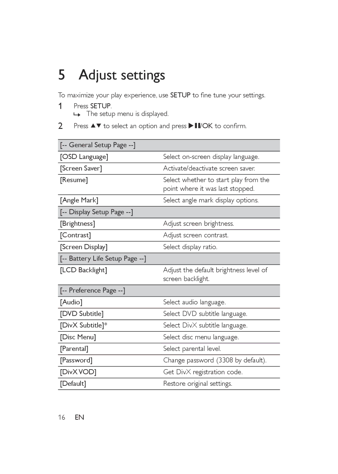 Philips PET721D/05, PET721C/05, PET721S/05 user manual Adjust settings 