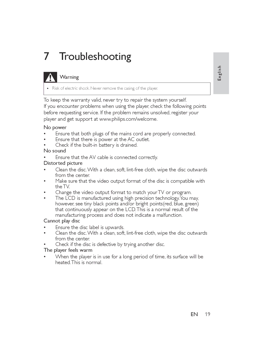 Philips PET721D/05, PET721C/05, PET721S/05 user manual Troubleshooting 