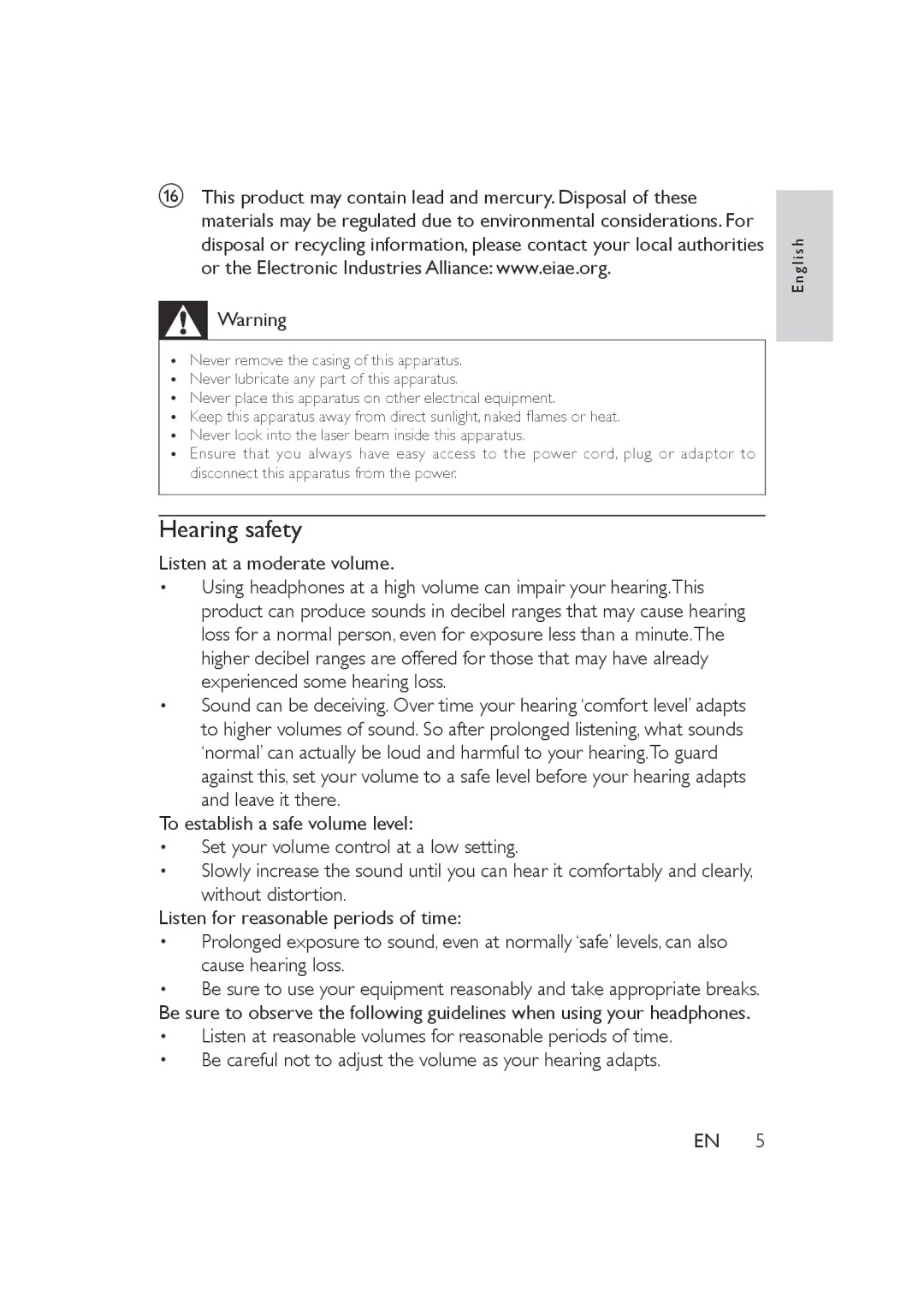 Philips PET721C/05, PET721D/05, PET721S/05 user manual Hearing safety 