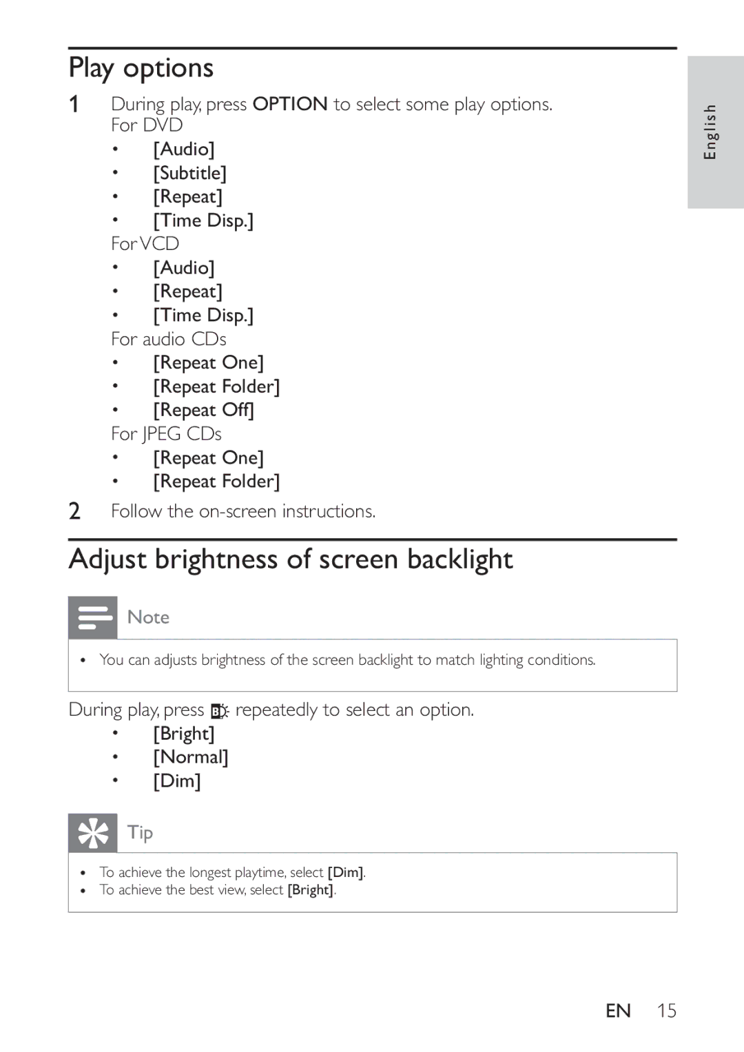 Philips PET721D/12 user manual Play options, Adjust brightness of screen backlight 