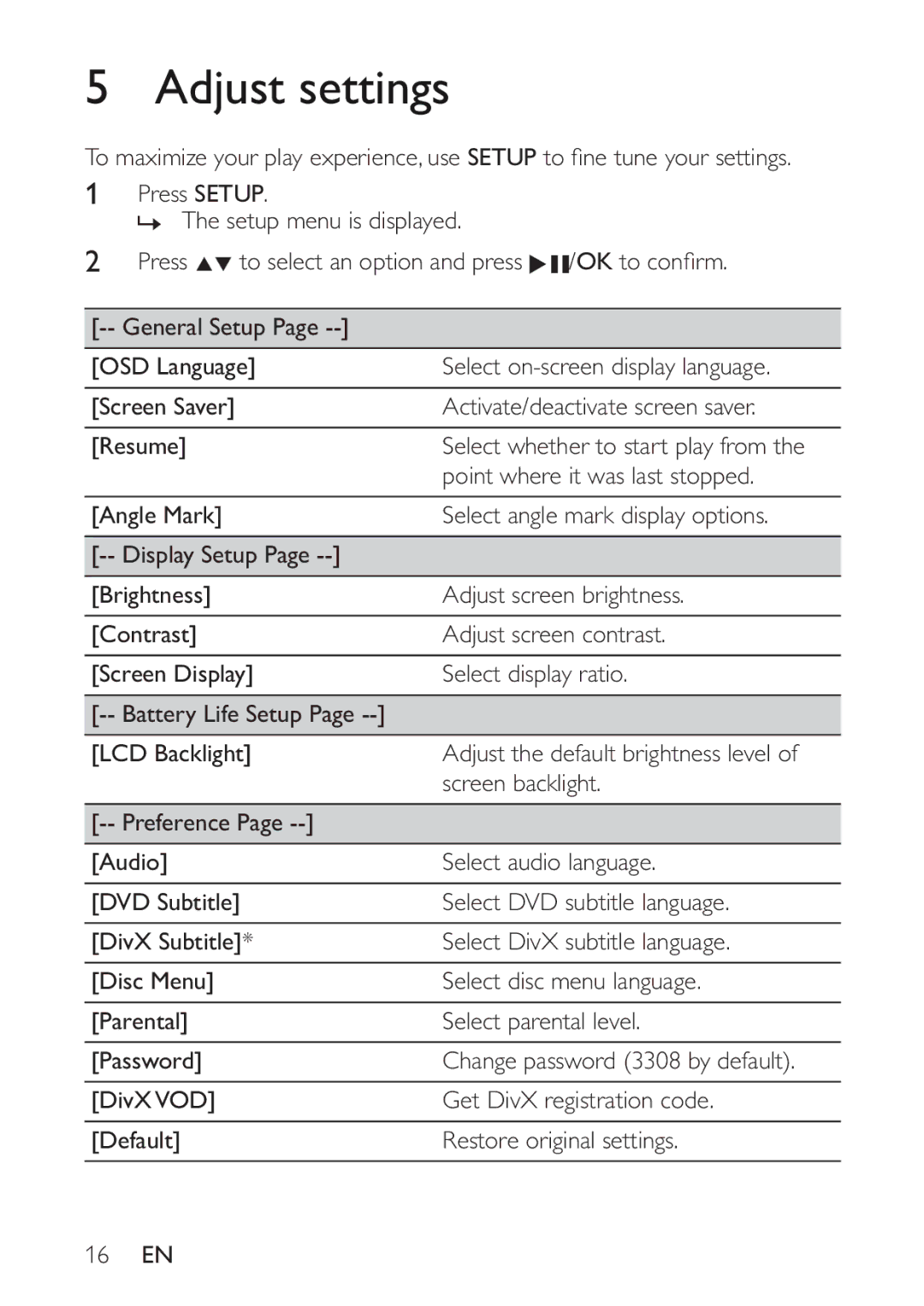 Philips PET721D/12 user manual Adjust settings 