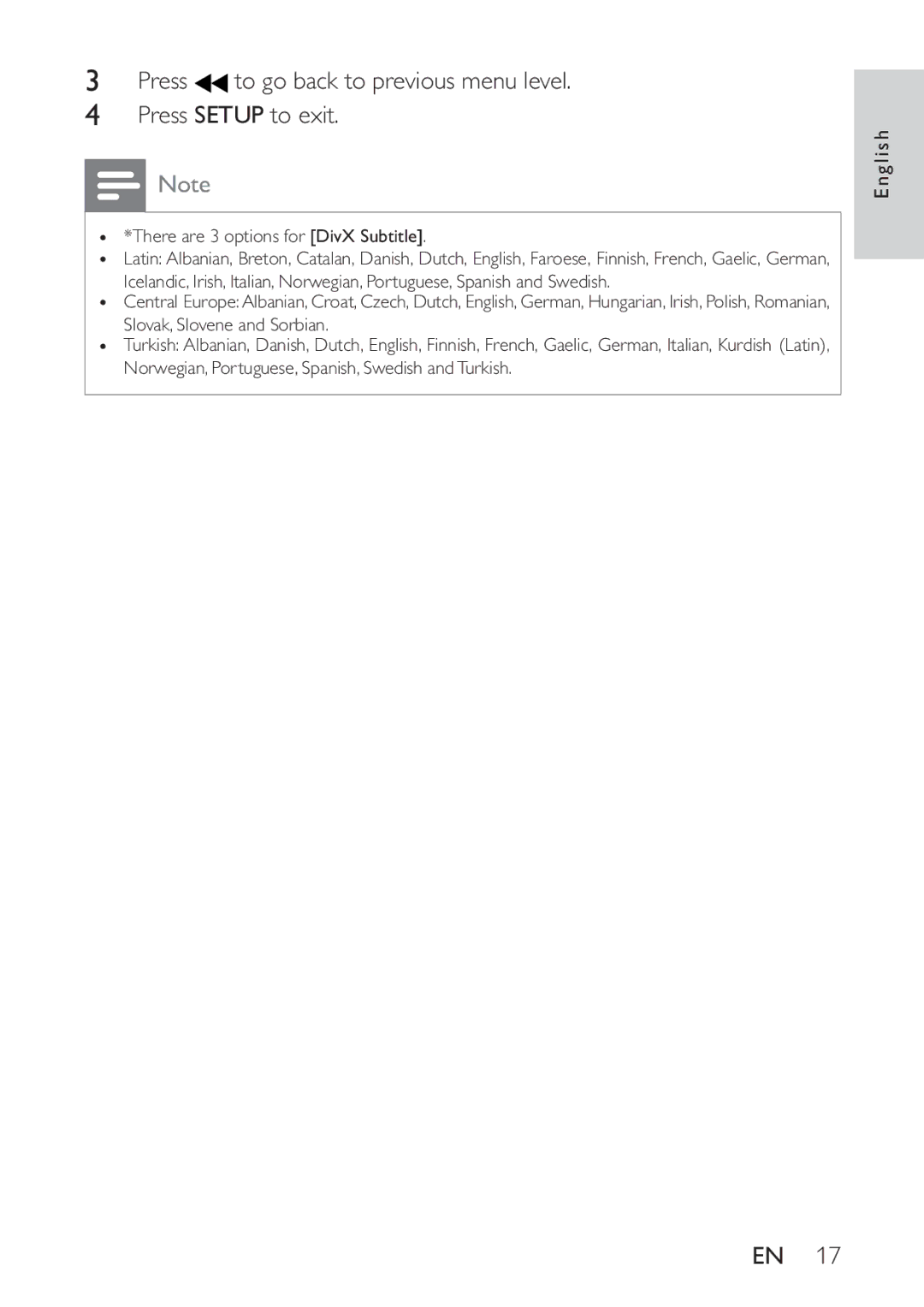 Philips PET721D/12 user manual Press to go back to previous menu level Press Setup to exit 