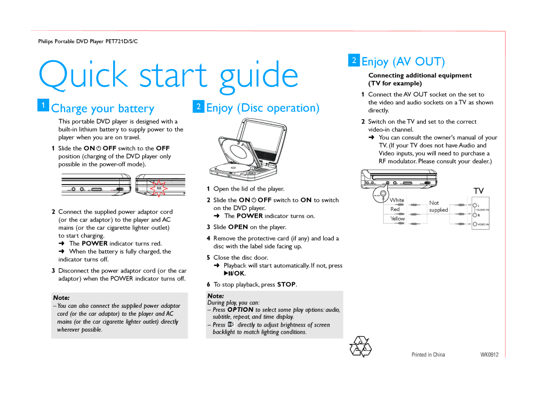 Philips PET721D/58 quick start Quick start guide, Charge your battery, Enjoy AV OUT, During play, you can 