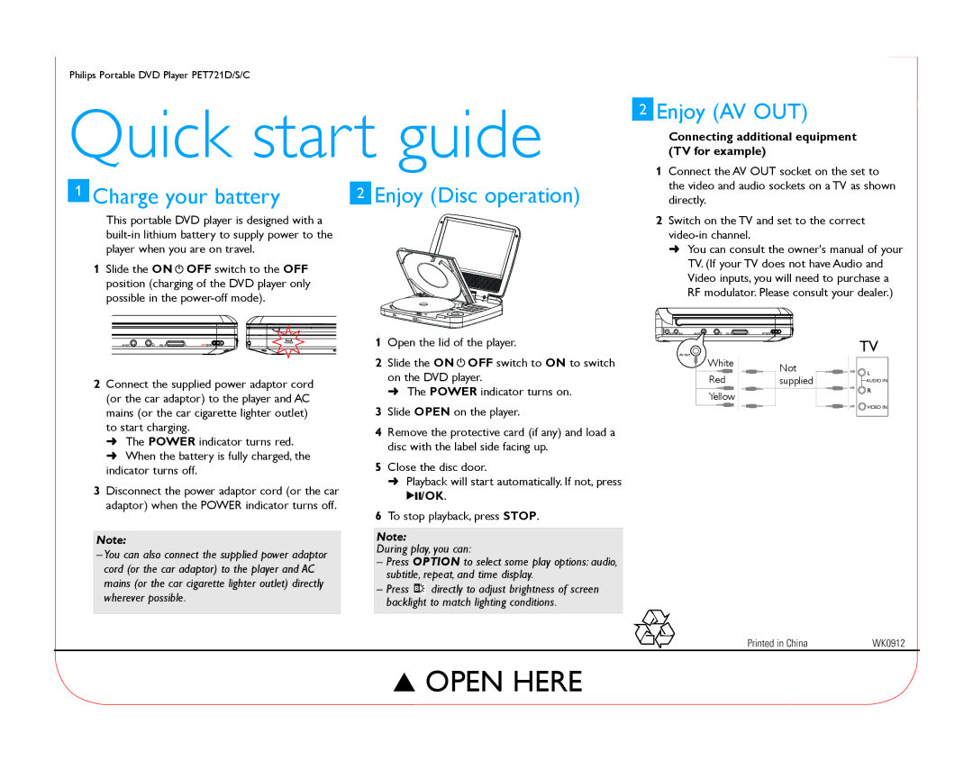 Philips PET721D, PET721S, PET721C quick start Quick start guide, Charge your battery, Enjoy AV OUT, During play, you can 