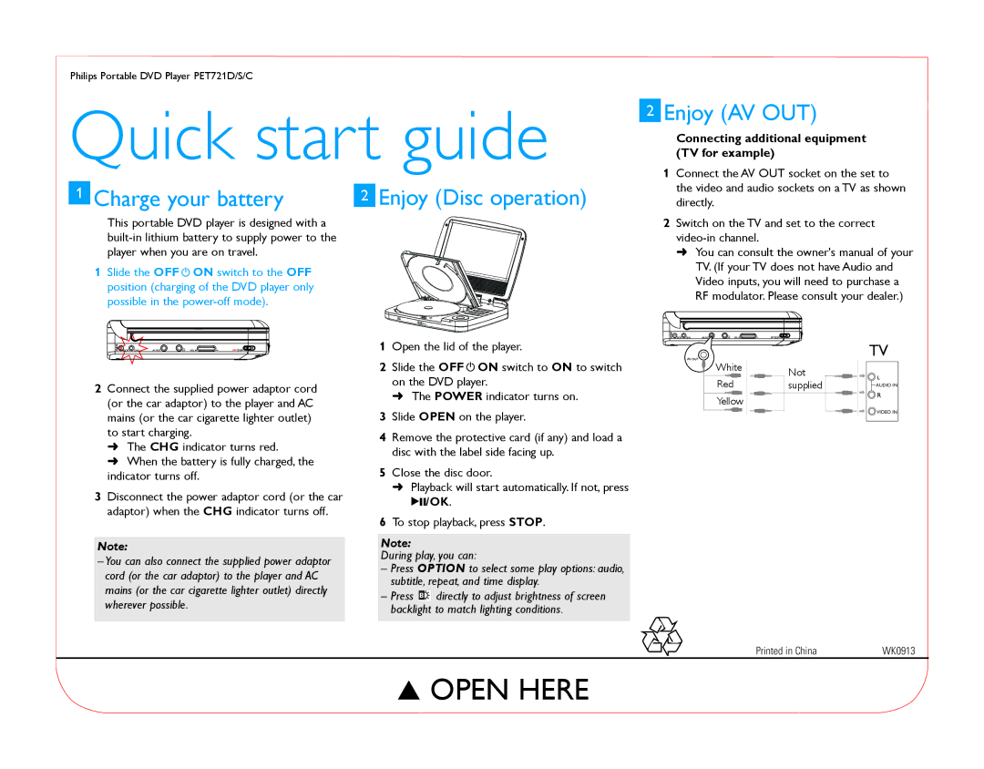 Philips PET721S/12 quick start Quick start guide, Charge your battery, Enjoy AV OUT, During play, you can 